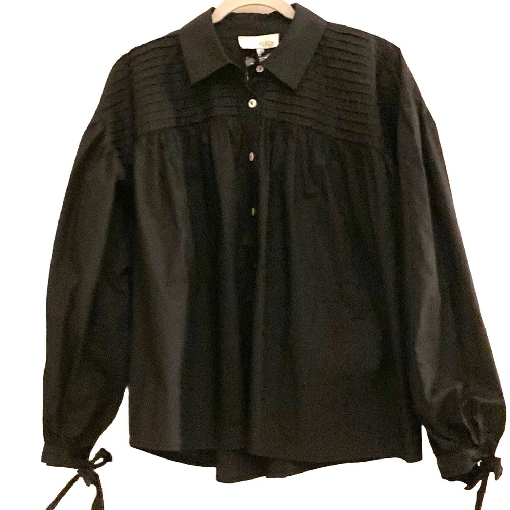 PINCH solid black poplin top. Pleated front and back. Tie sleeves. Size M. NWT